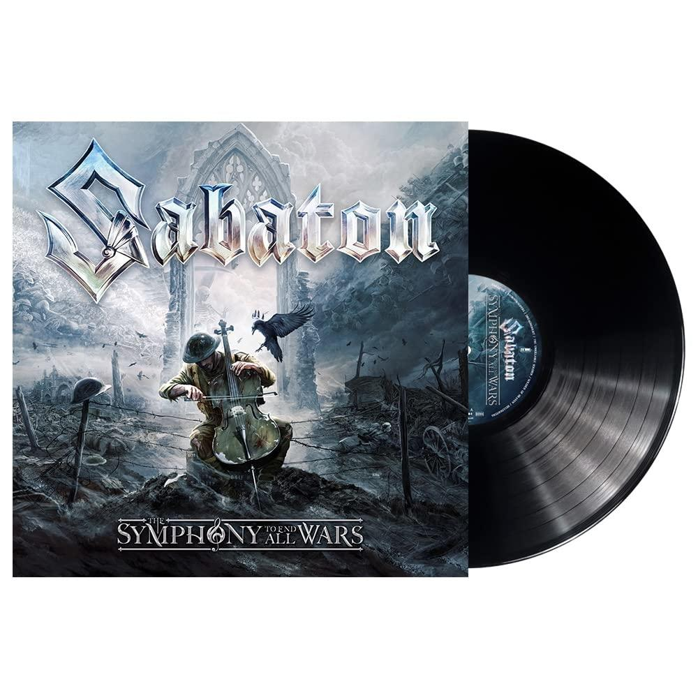 Sabaton-Albumcover und eine schwarze Schallplatte daneben auf weißem Hintergrund.