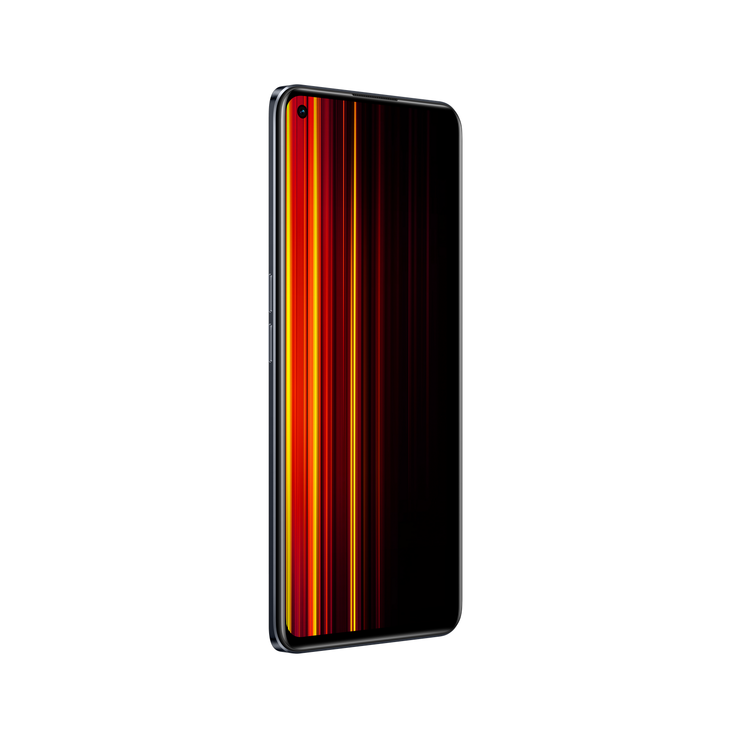 Smartphone negro con pantalla de líneas verticales rojas y amarillas sobre fondo negro.