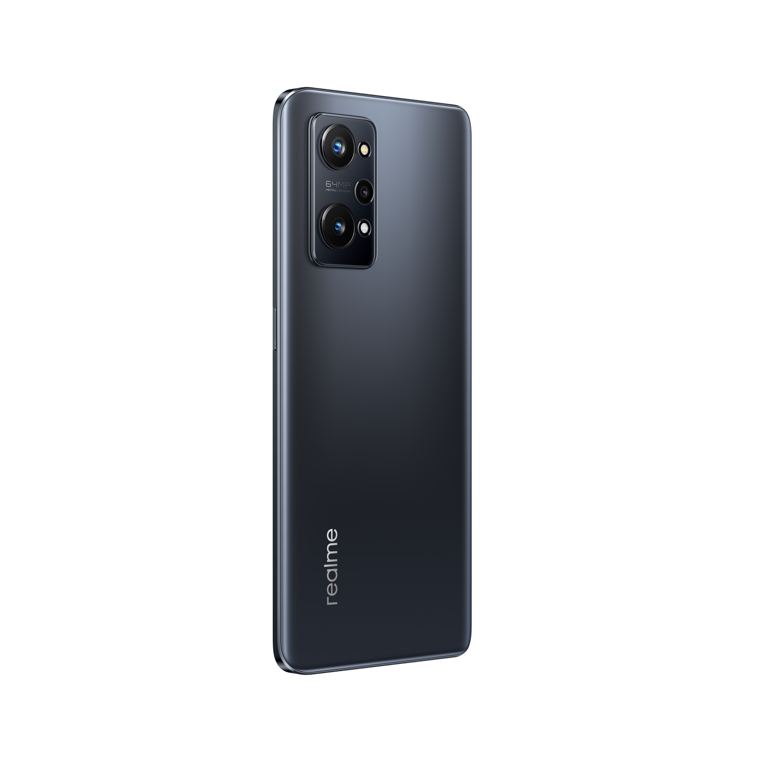 Parte trasera de smartphone negro. Tres cámaras, logo 'realme' en superficie negra.