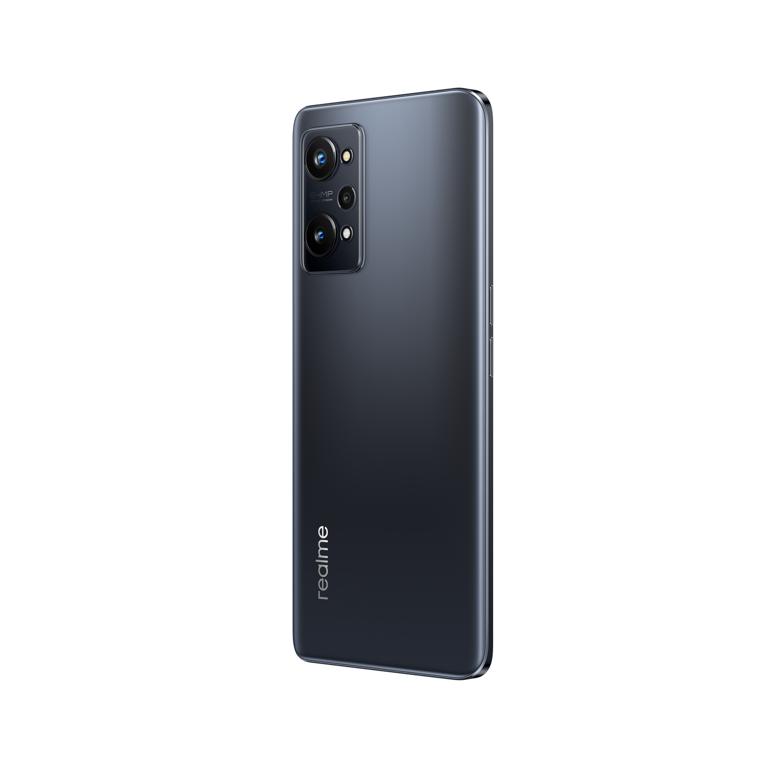 Vista trasera de smartphone gris oscuro con triple cámara y logotipo de Realme.