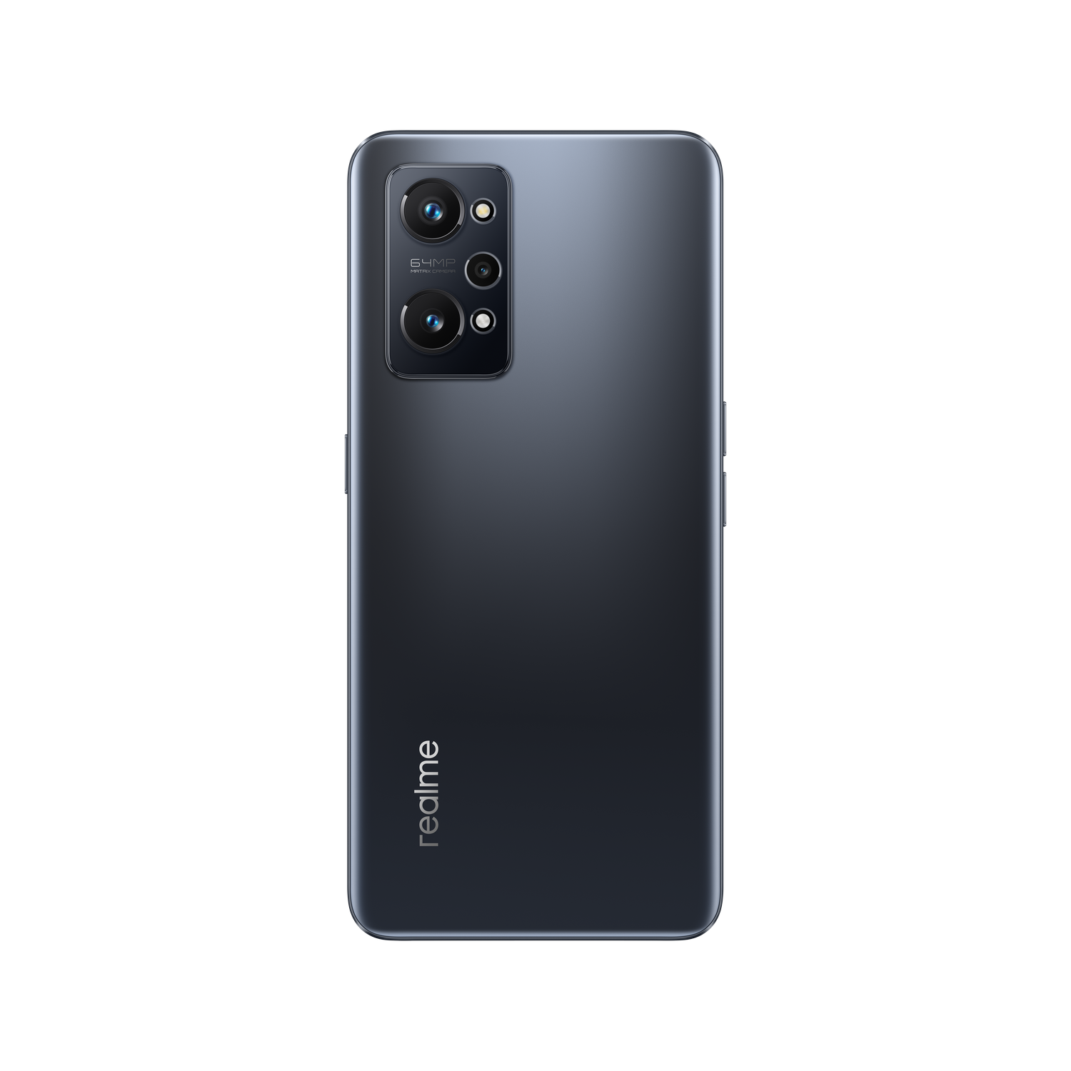 Un smartphone gris oscuro con una cámara de triple lente en la parte trasera. El nombre de la marca "realme" es visible.