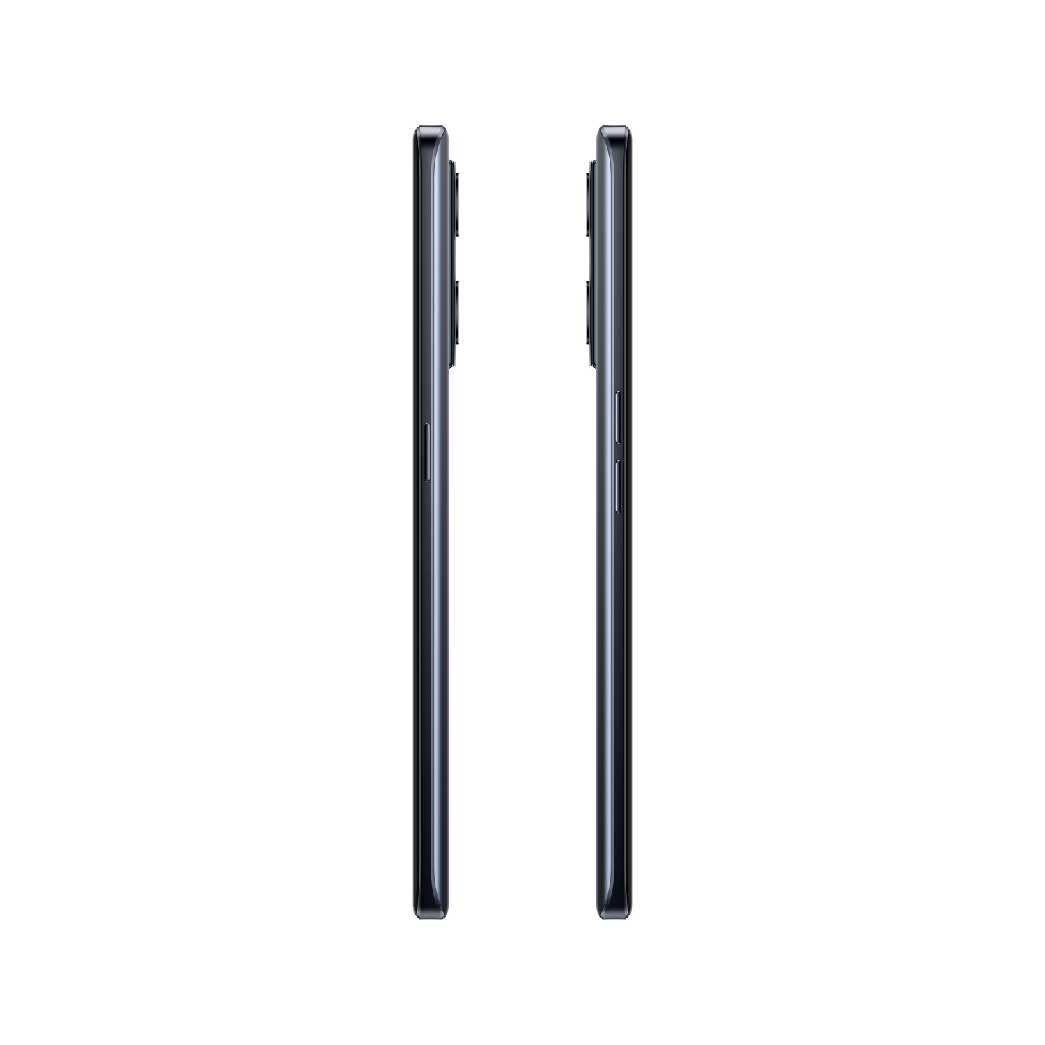 Dos smartphones negros uno al lado del otro. Teléfonos mirando a la derecha, fondo negro.