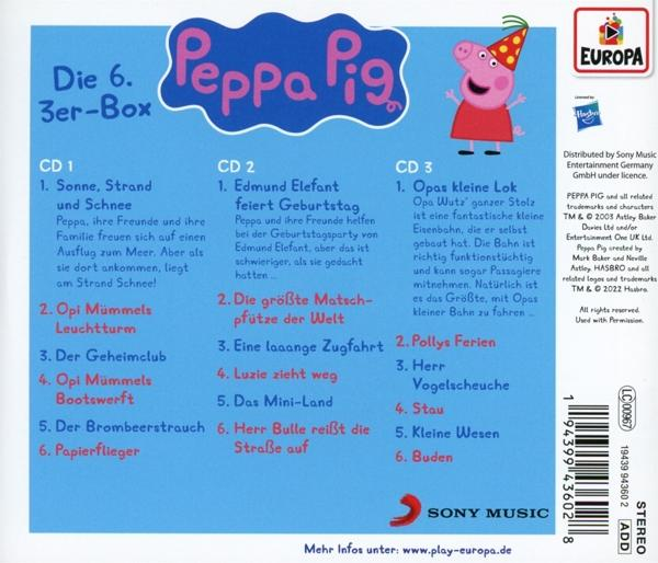 Rückseite der Peppa Wutz DVD-Box mit Titellisten und Peppa-Illustration.