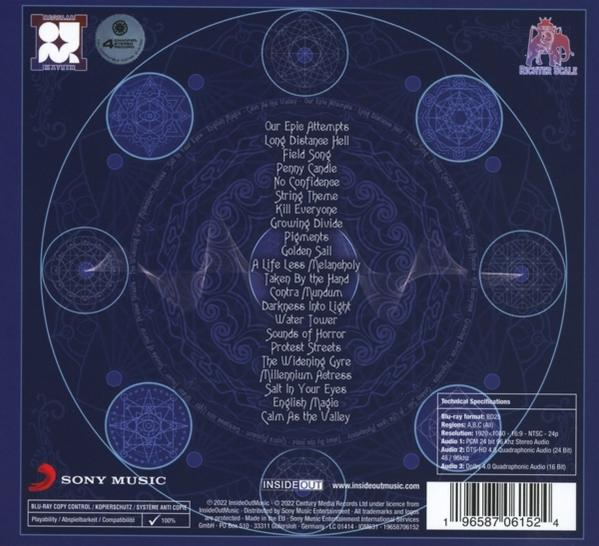 Rückseite einer CD mit kreisförmigem Design und Text mit Songtiteln.