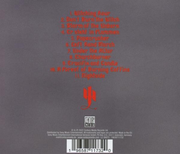 Die Rückseite einer CD-Hülle mit Titelliste und Logo in Rot auf grauem Hintergrund. Text auf Englisch.