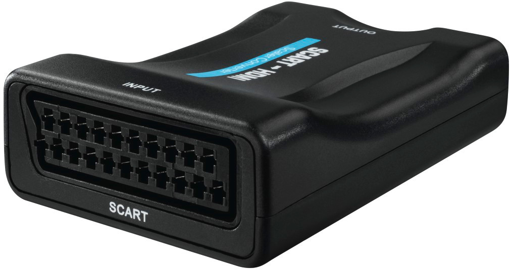 Un convertisseur SCART vers HDMI noir avec des ports d'entrée et de sortie est montré.