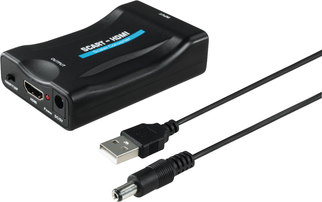 Convertisseur SCART vers HDMI noir avec câbles d'alimentation USB et CC attachés, sur fond blanc.