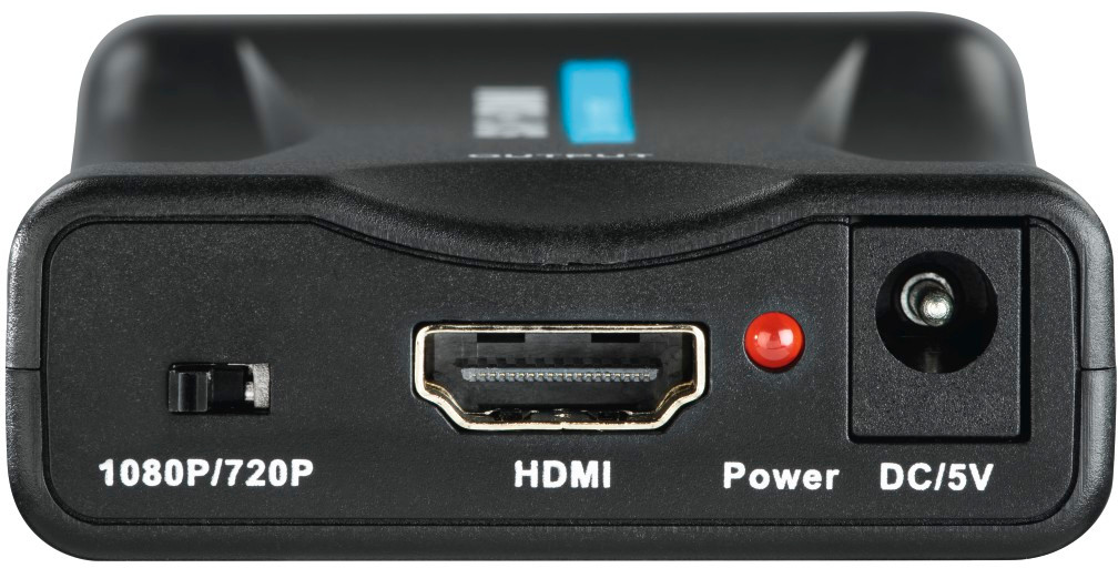 Un convertisseur HDMI noir avec des ports et des boutons, vu de face.