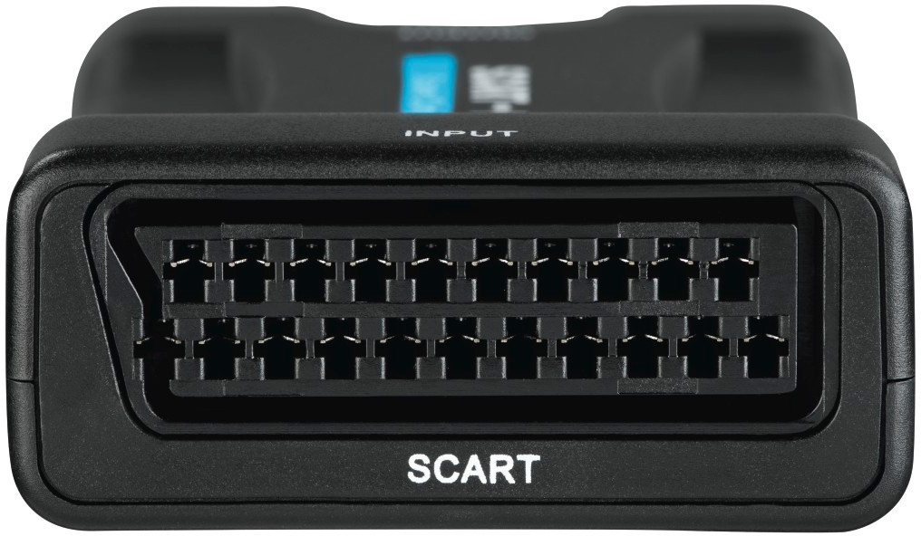 Un connecteur SCART noir avec plusieurs broches et le mot 'SCART' imprimé en dessous.