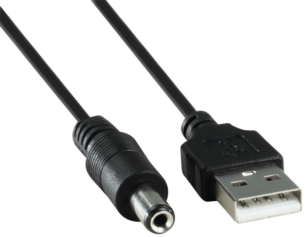 Câble USB vers CC noir, une extrémité USB, l'autre prise d'alimentation CC.