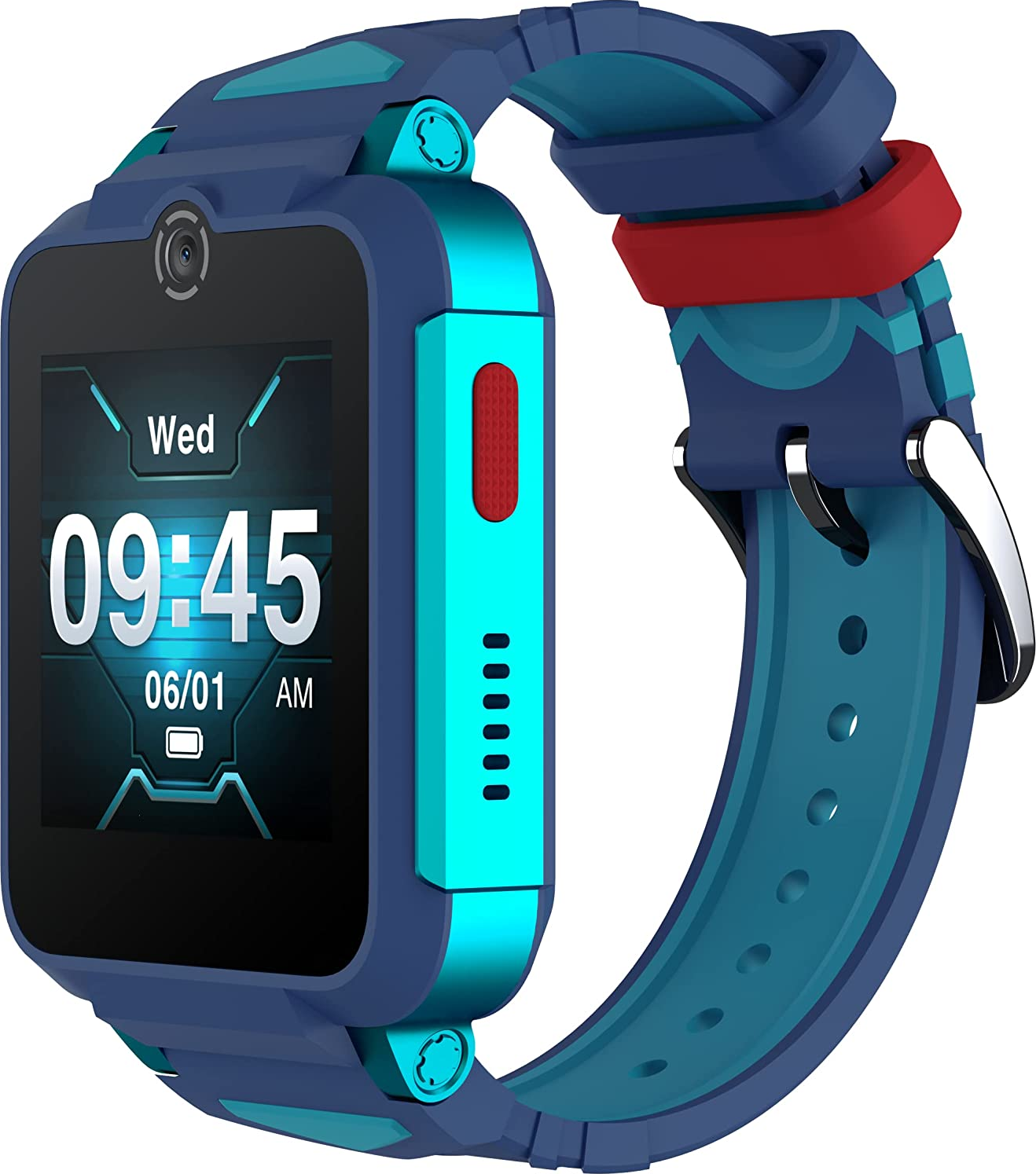 Blaue Smartwatch mit schwarzem Bildschirm, blauem und rotem Armband, mit der angezeigten Uhrzeit: 09:45.
