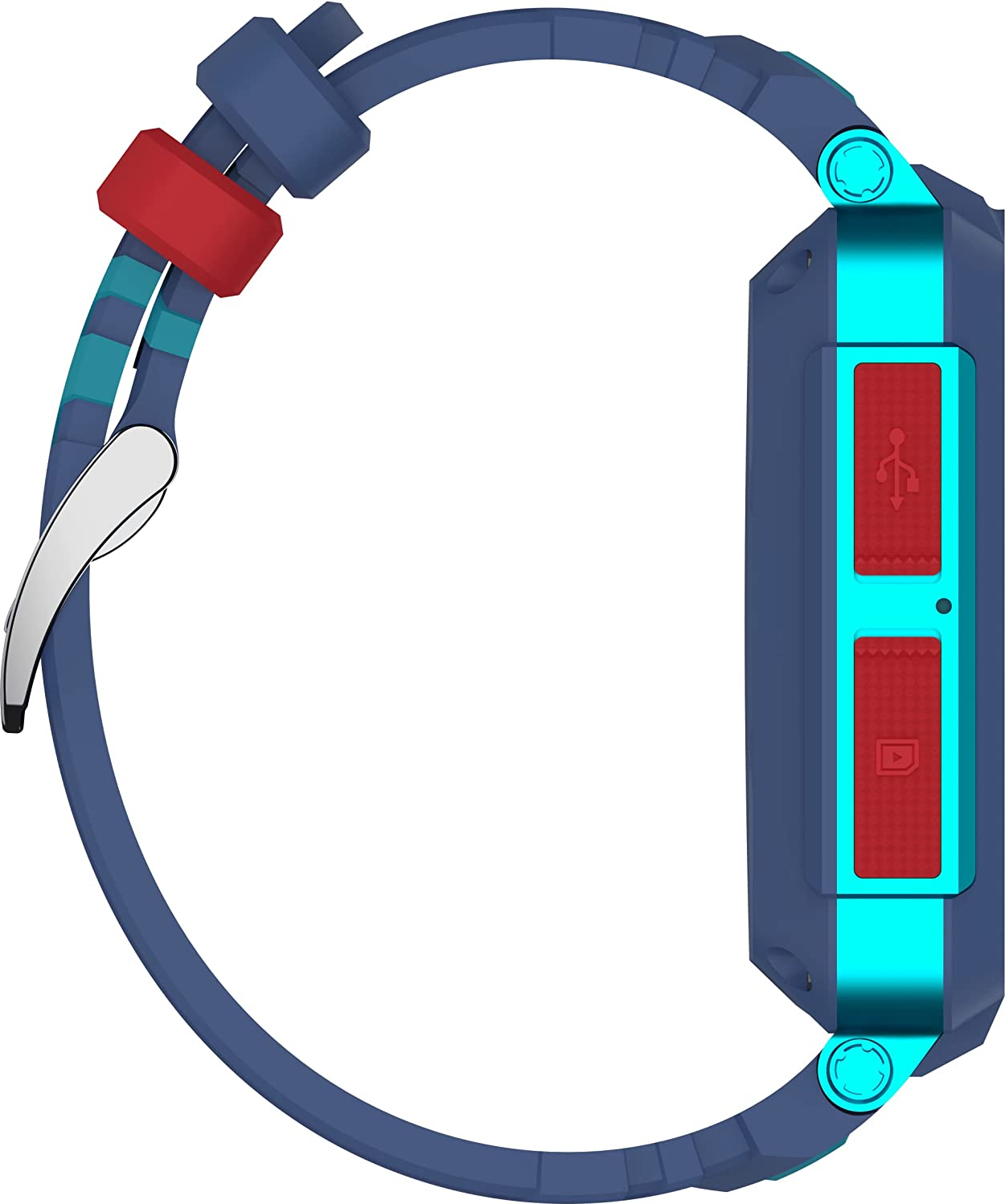 Blaue Smartwatch mit roten Knöpfen und Armband, Seitenansicht.