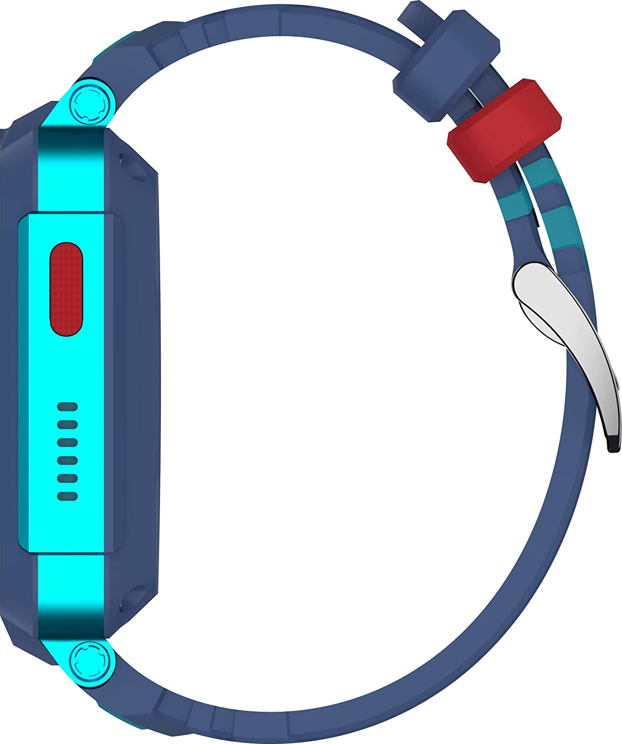 Eine blaue und türkisfarbene Smartwatch. Sie hat einen roten Knopf. Das Armband ist blau mit roten und türkisfarbenen Akzenten und silberner Schließe.