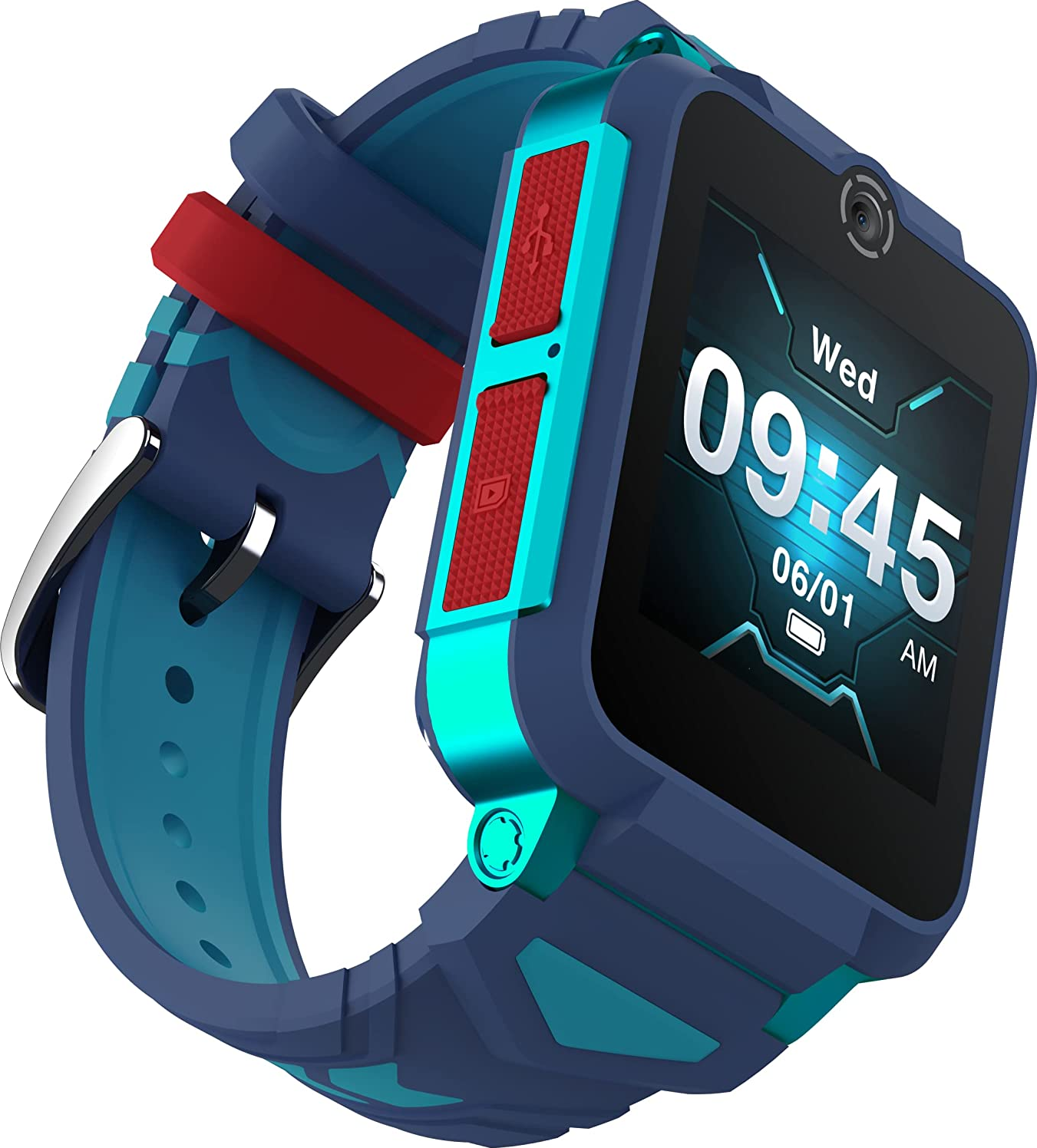 Blau-türkisfarbene Kinder-Smartwatch mit Knöpfen, Kamera und digitaler Anzeige.