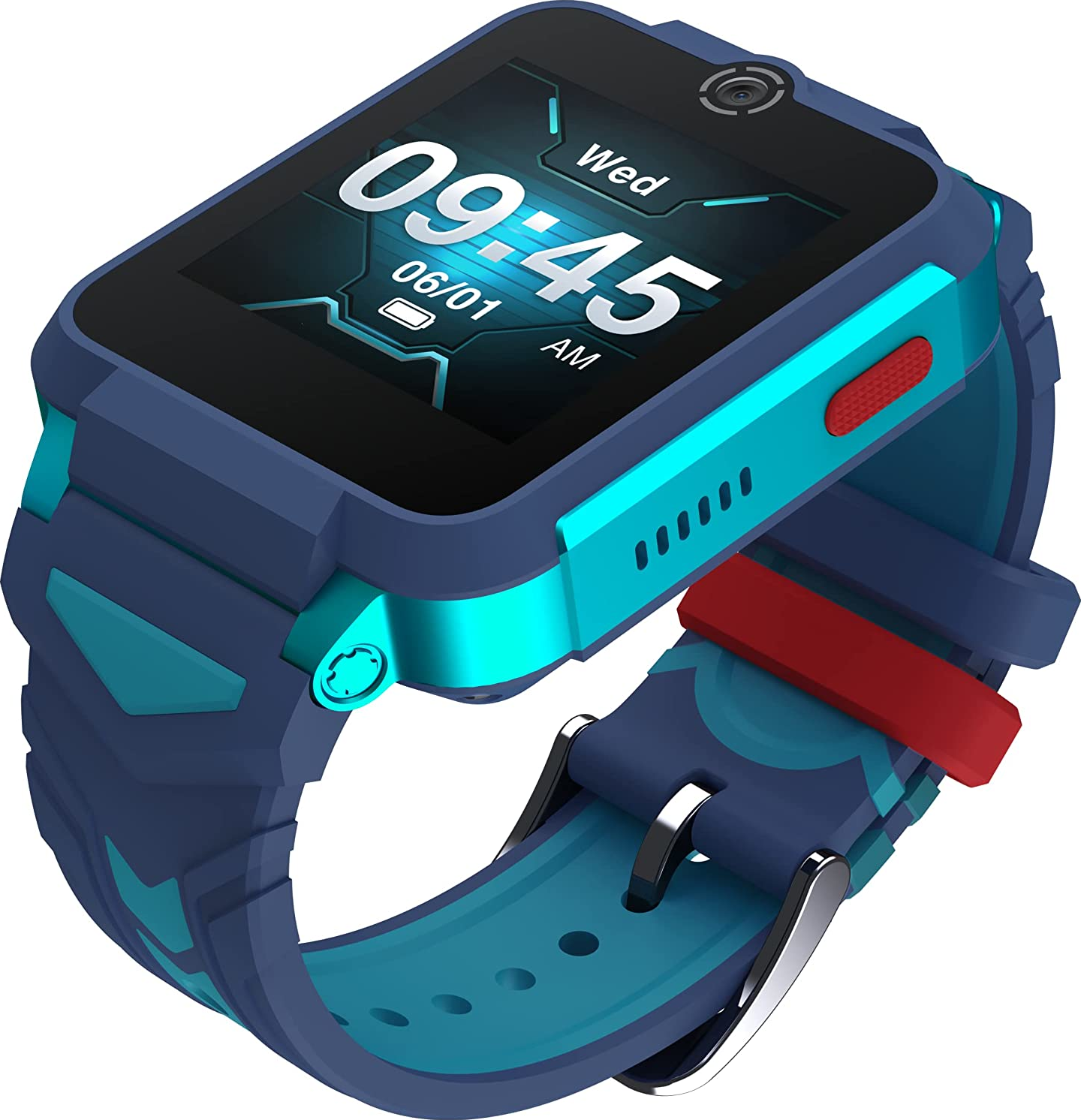 Smartwatch mit blauem Armband, zeigt Zeit und Datum, roter Knopf, weißer Hintergrund.