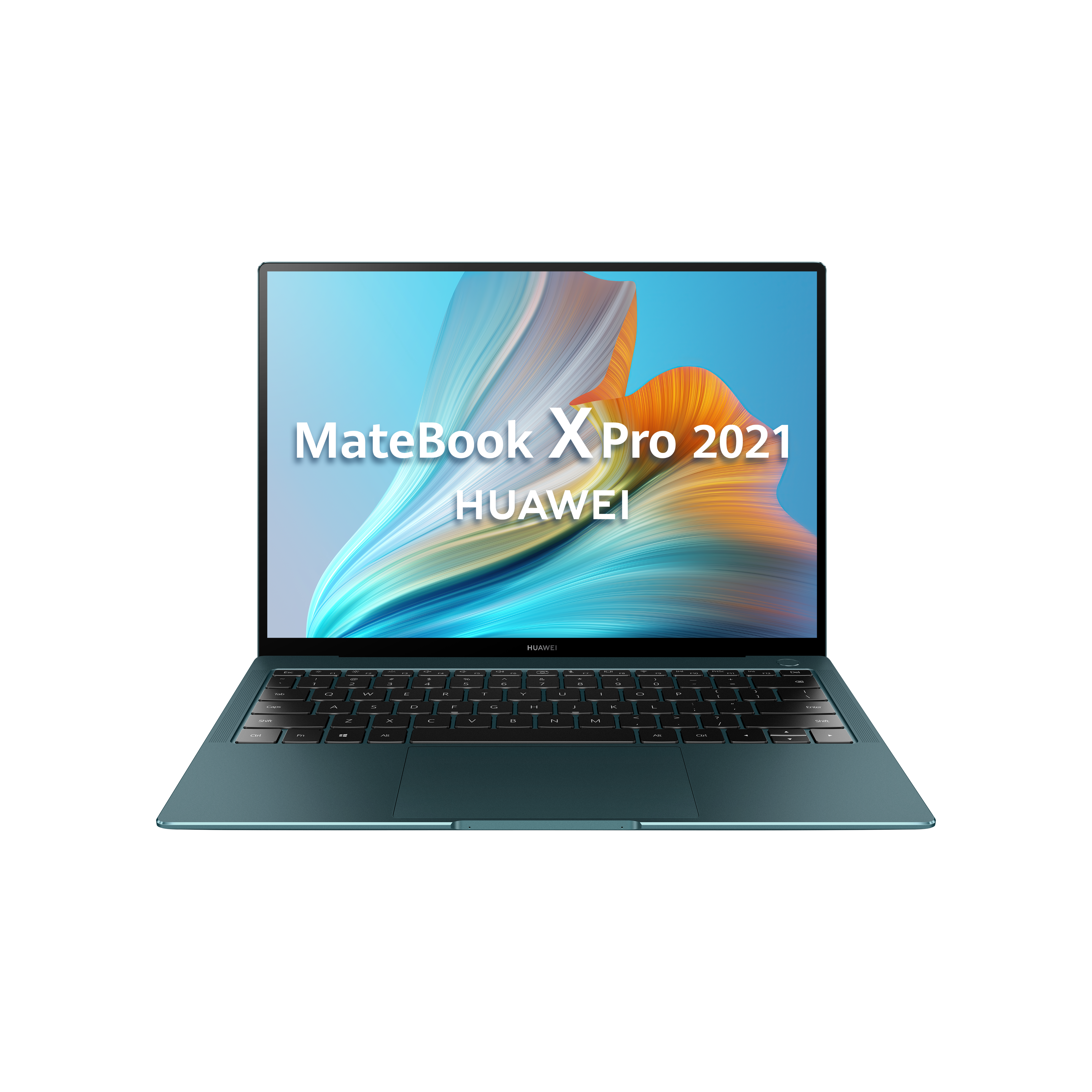 Portátil Huawei MateBook X Pro 2021 color turquesa, mostrando la pantalla con texto.