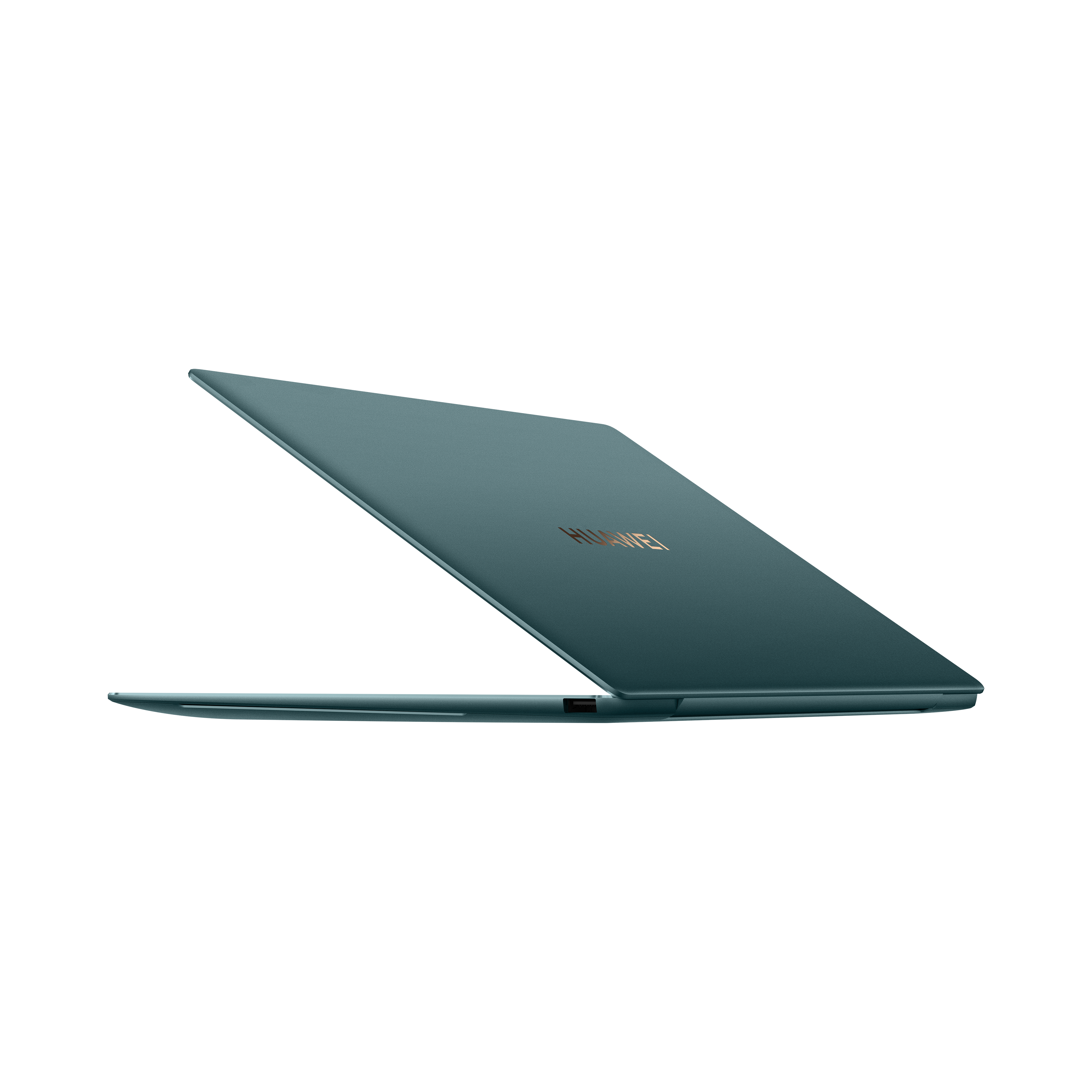 Portátil verde sobre negro. Pantalla abierta, mostrando el logo Huawei.