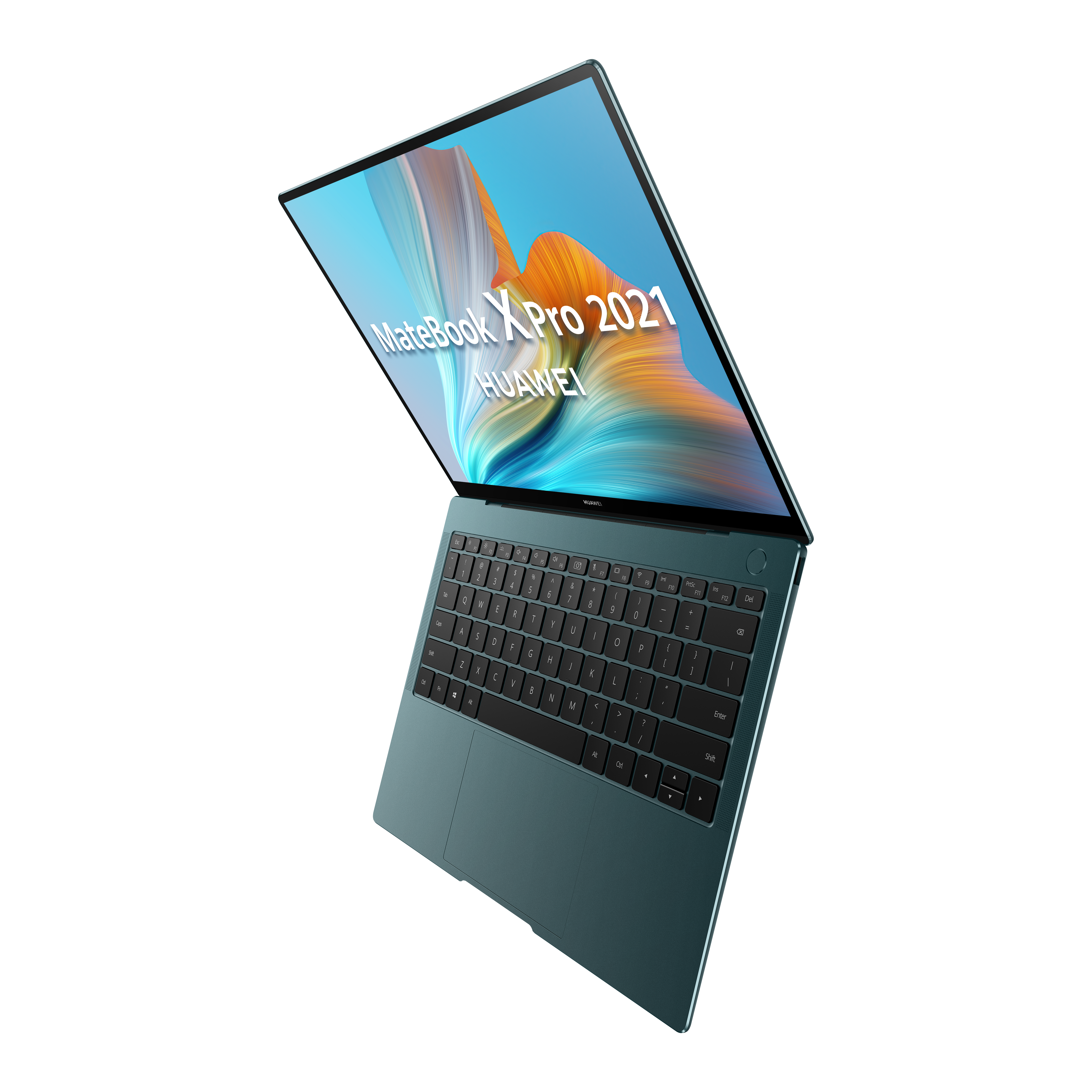 Un portátil turquesa con teclado plateado, abierto en ángulo sobre un fondo negro.