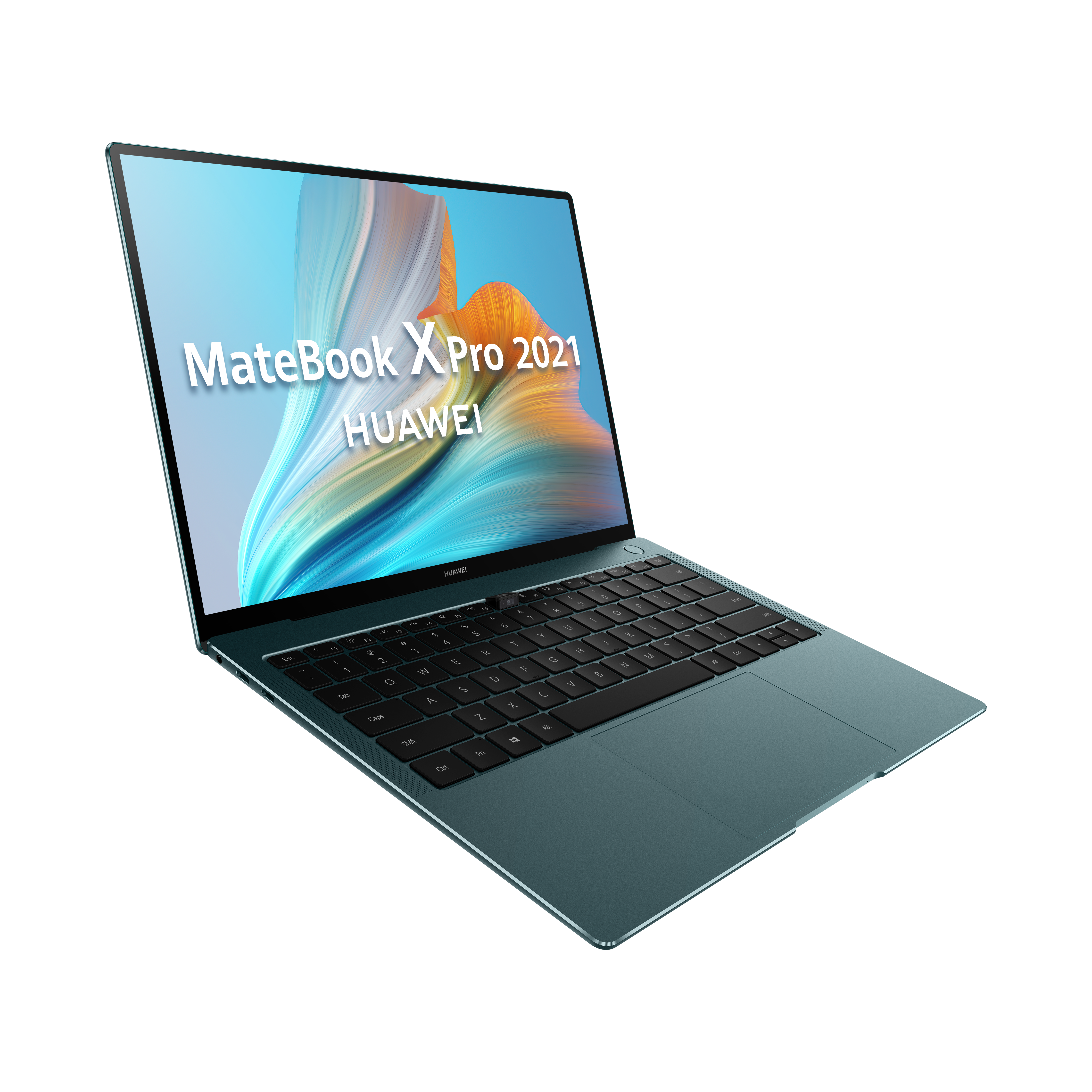 Un portátil color verde azulado con la pantalla abierta mostrando "MateBook X Pro 2021 HUAWEI".