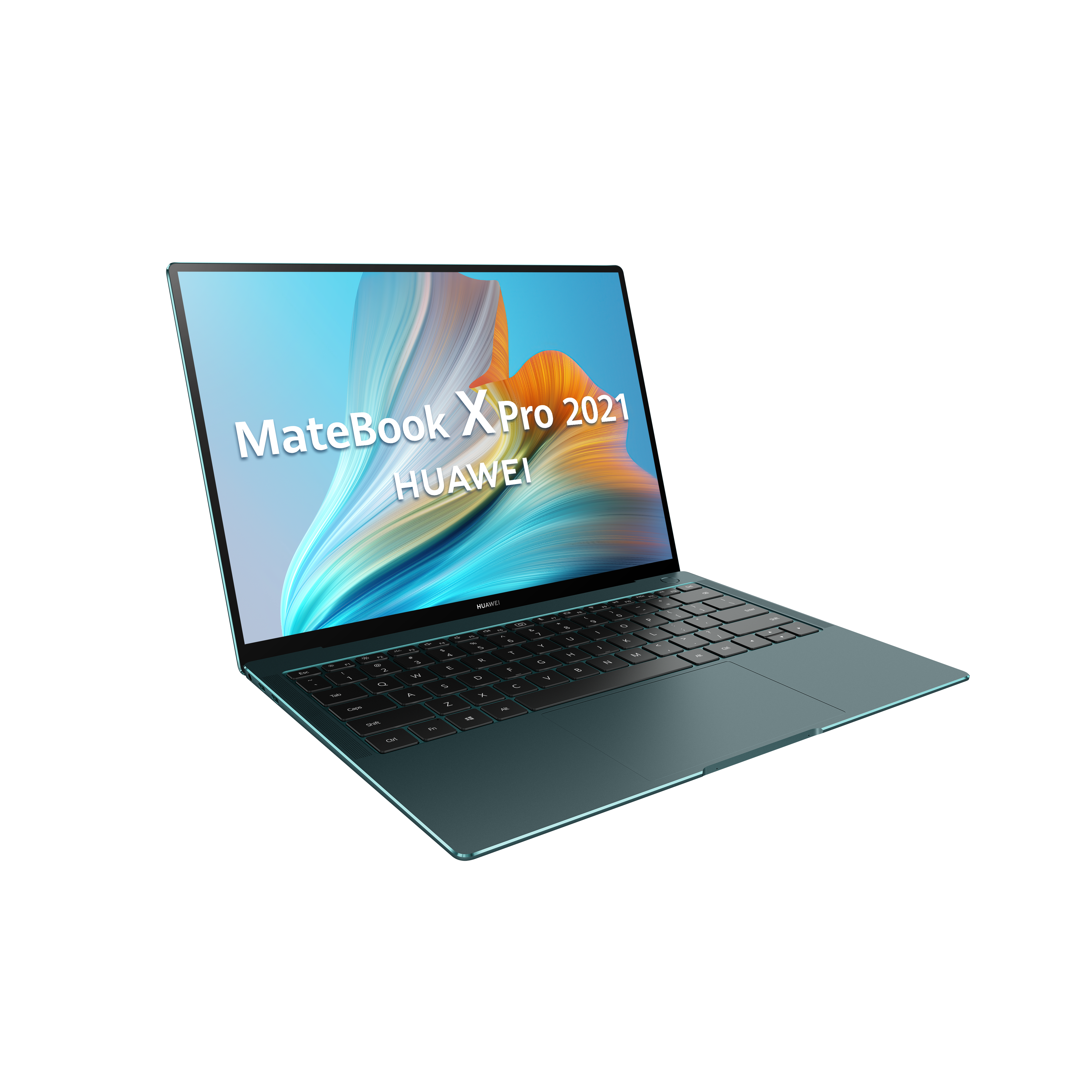 Un portátil Huawei MateBook X Pro 2021 de color verde azulado sobre superficie negra.