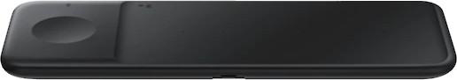 Ein schwarzes kabelloses Ladepad von Samsung mit einem Uhrenladegerät, auf weißem Hintergrund.