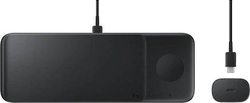 Schwarzes kabelloses Ladegerät mit Ladepad und USB-C-Kabel.