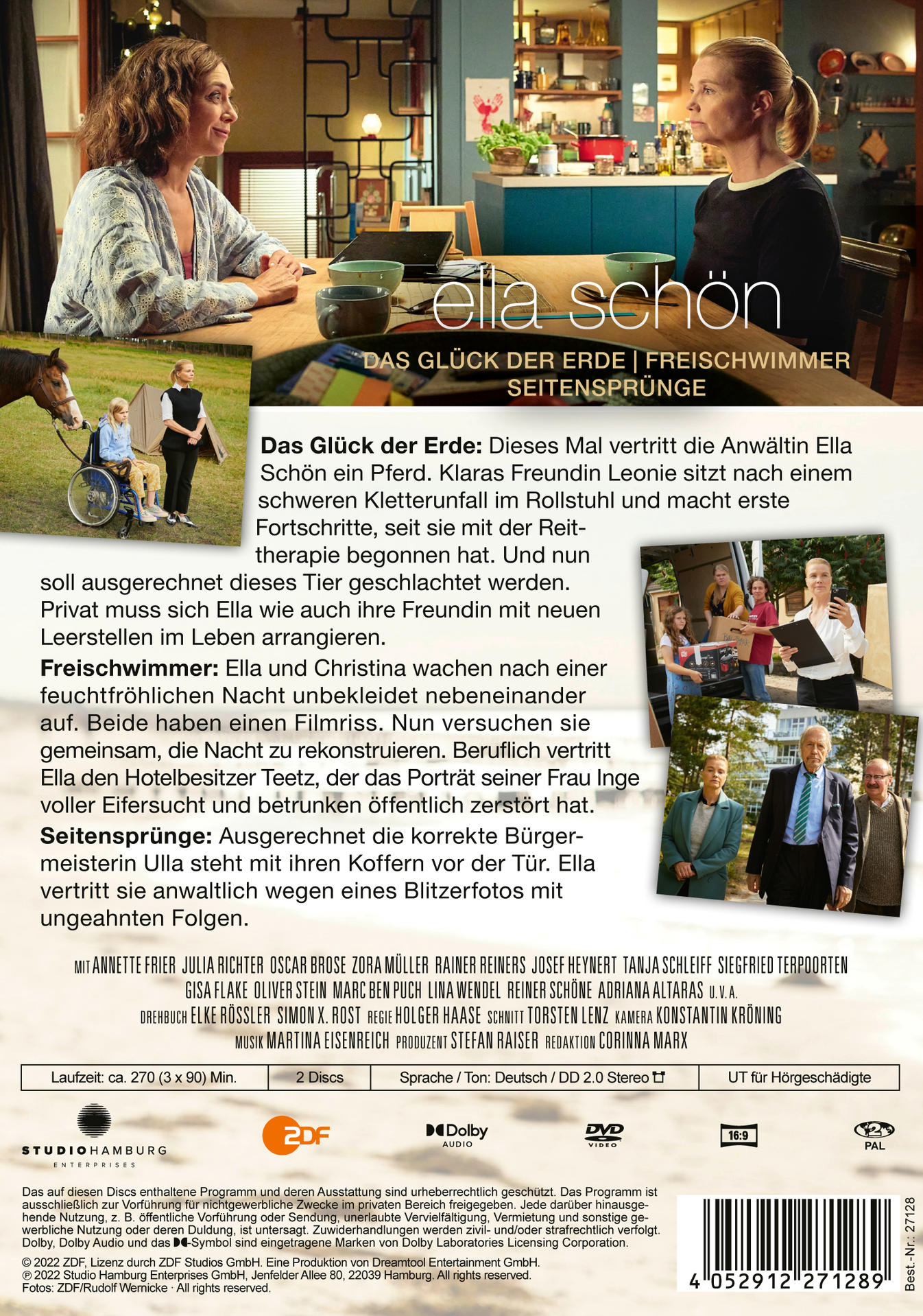 DVD-Cover. Text auf Deutsch. Bilder von Menschen und einem Pferd. Der Titel lautet „ella schön“