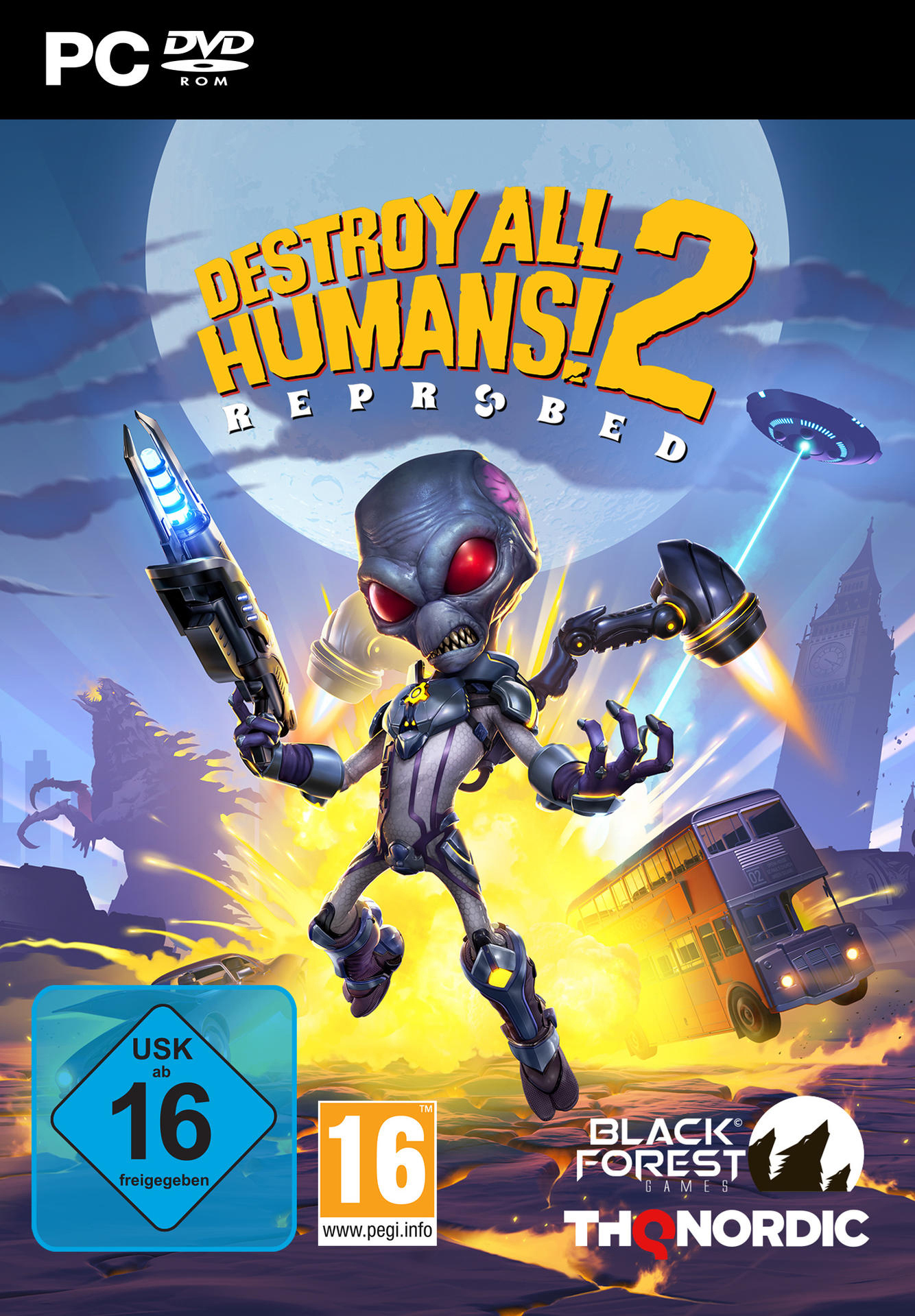 Videospiel-Cover mit einem Alien, das eine Waffe hält, einem Doppeldeckerbus und einer Stadtlandschaft.