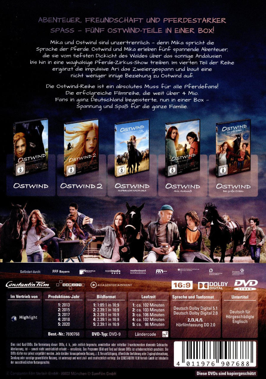 DVD-Cover. Mehrere DVDs der Ostwind-Filme. Text auf Deutsch. Hintergrund mit Pferden.