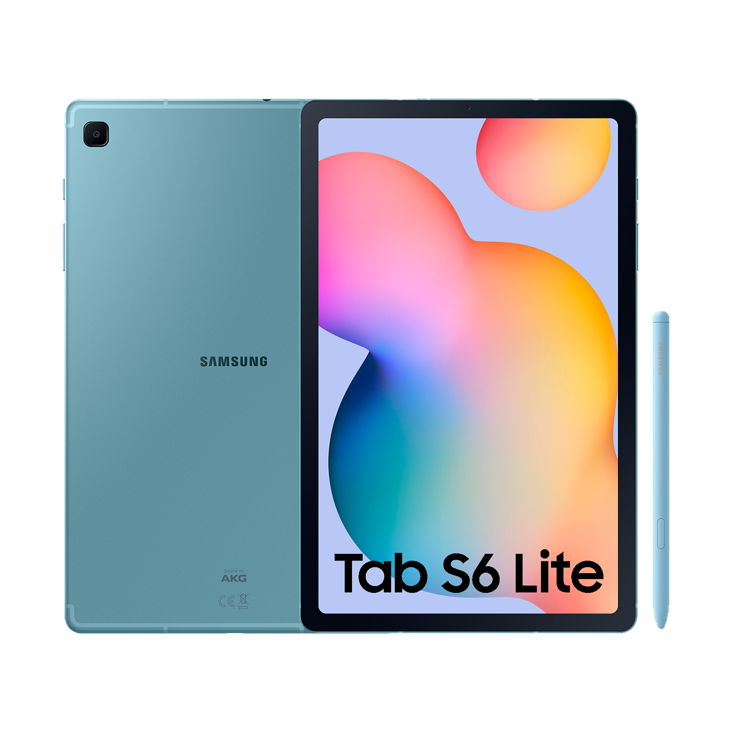 Tableta azul con lápiz óptico, mostrando frente y dorso, con 'Tab S6 Lite'.