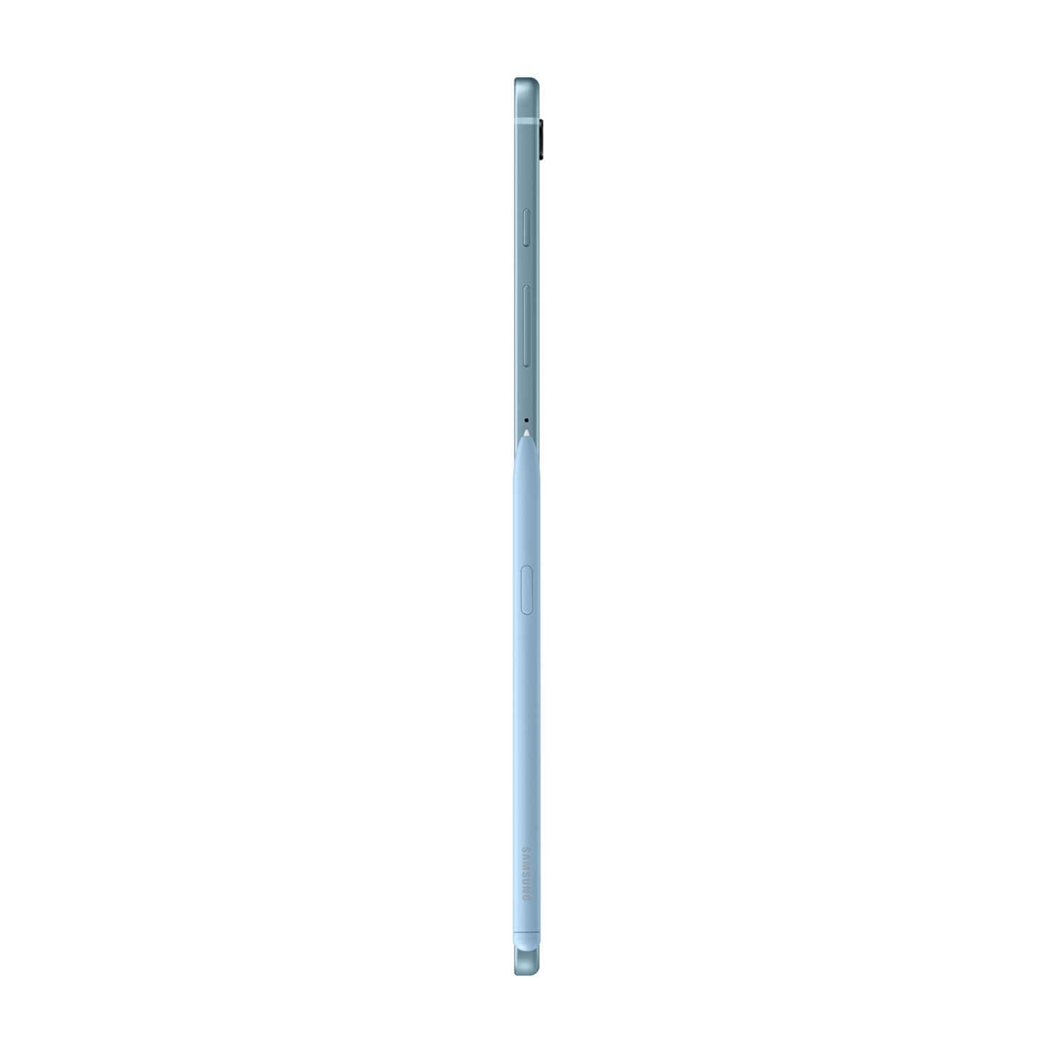 Un teléfono azul claro con un lápiz óptico azul claro, visto de lado.