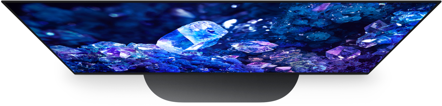Vue de dessus d'un écran de télévision noir avec une image abstraite bleue et violette sur fond blanc.
