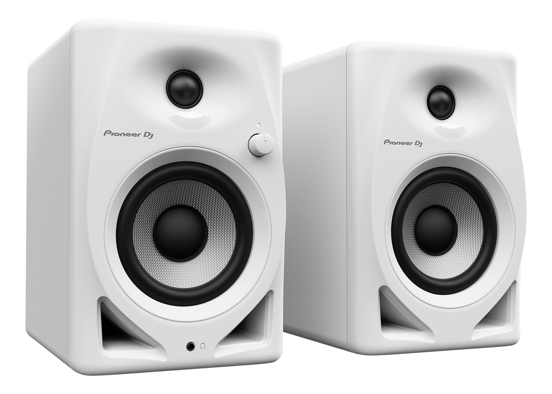 Zwei weiße Pioneer DJ-Lautsprecher. Sie haben schwarze Lautsprechertrichter und einen Lautstärkeregler.