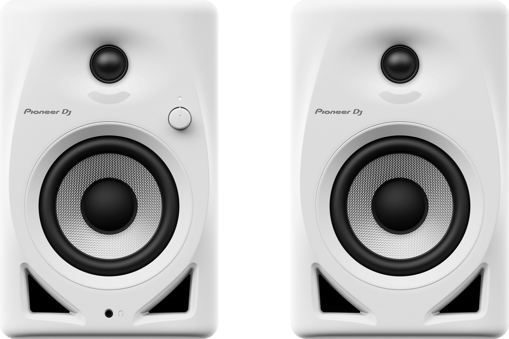 Paar weißer Lautsprecher. Schwarze Mitte mit kleinem Knopf. Pioneer DJ Logo.