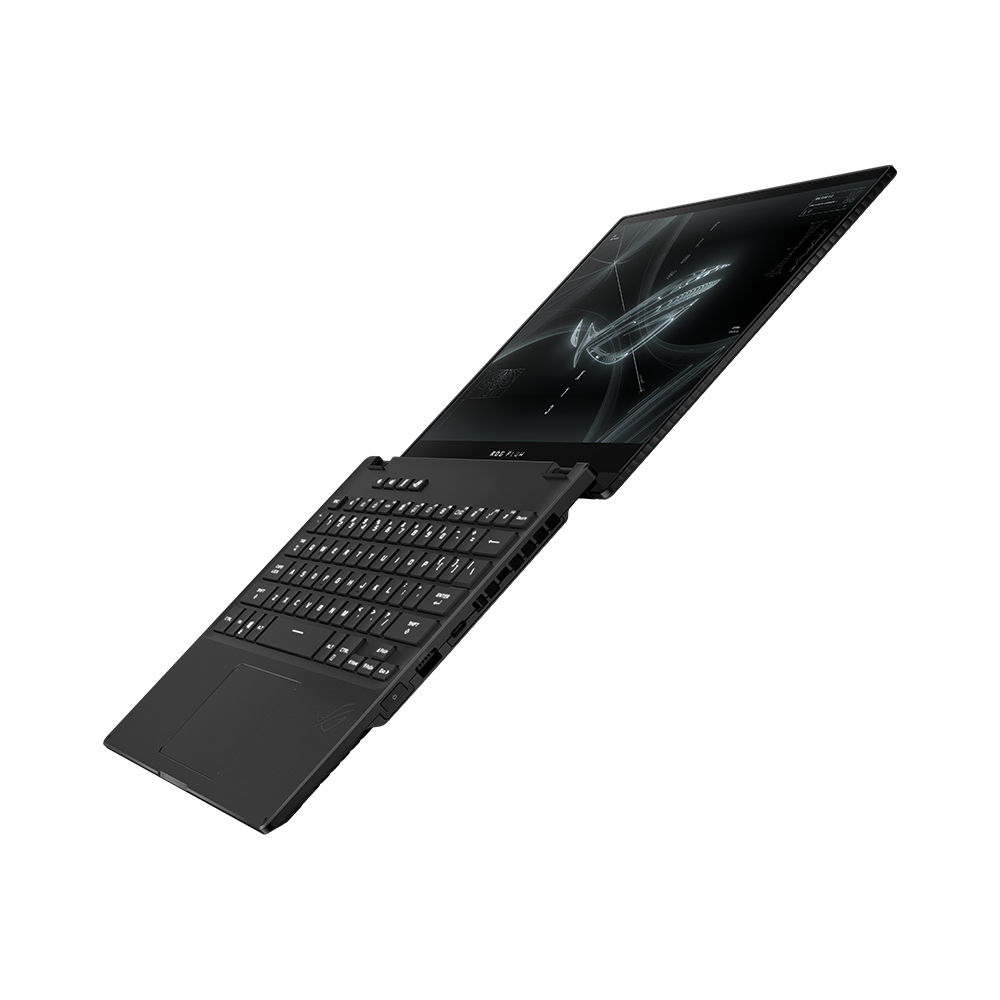 Ordenador portátil negro abierto en ángulo, mostrando el teclado y la pantalla.