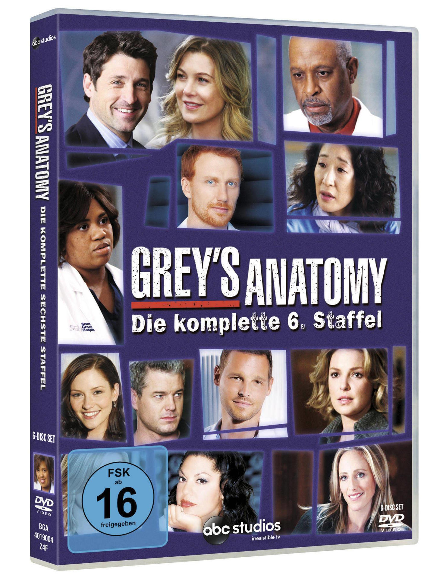DVD-Box-Set von Grey's Anatomy, mit Gesichtern der Schauspieler und Staffeln, blauer Hintergrund.