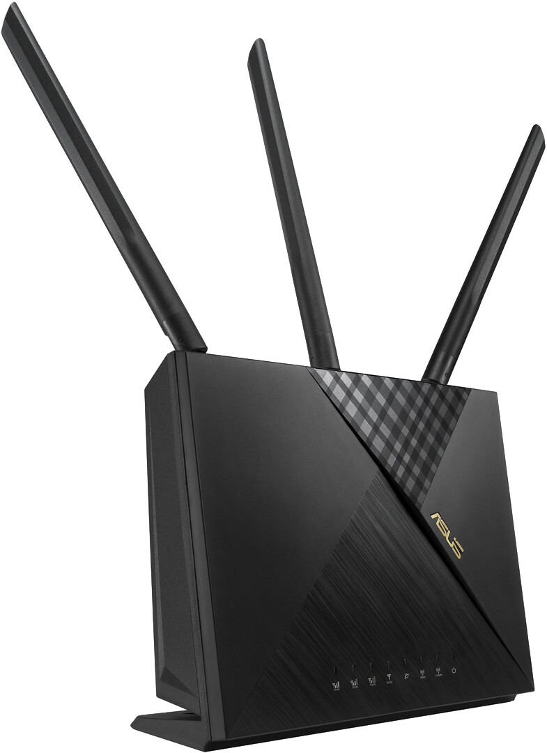 Routeur ASUS noir avec trois antennes et un logo.