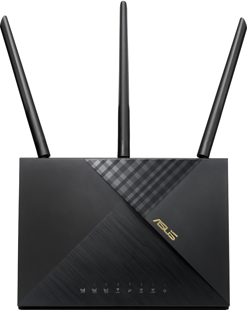Un routeur ASUS noir avec trois antennes. Il a une surface texturée et un logo ASUS doré. Le fond est blanc.