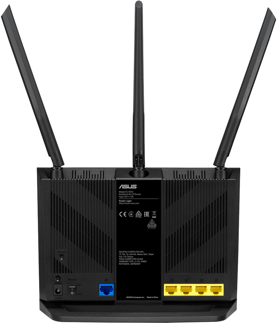 Routeur ASUS noir avec trois antennes, ports visibles et étiquettes.