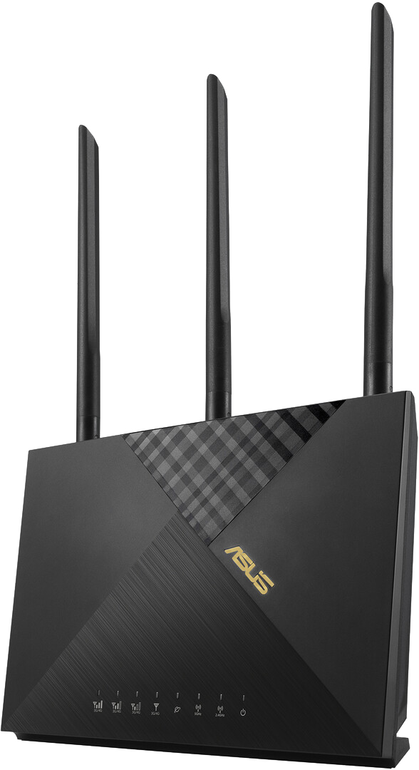 Routeur noir avec 3 antennes. Il porte le logo ASUS et une base noire avec des voyants indicateurs.