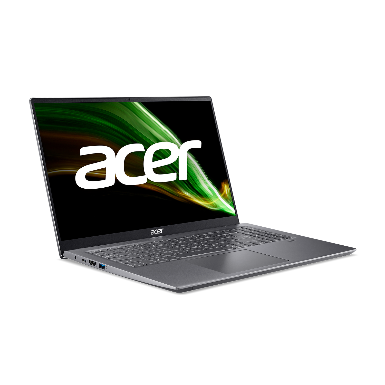 Un portátil gris con el logotipo de Acer en la pantalla, en ángulo sobre un fondo negro.