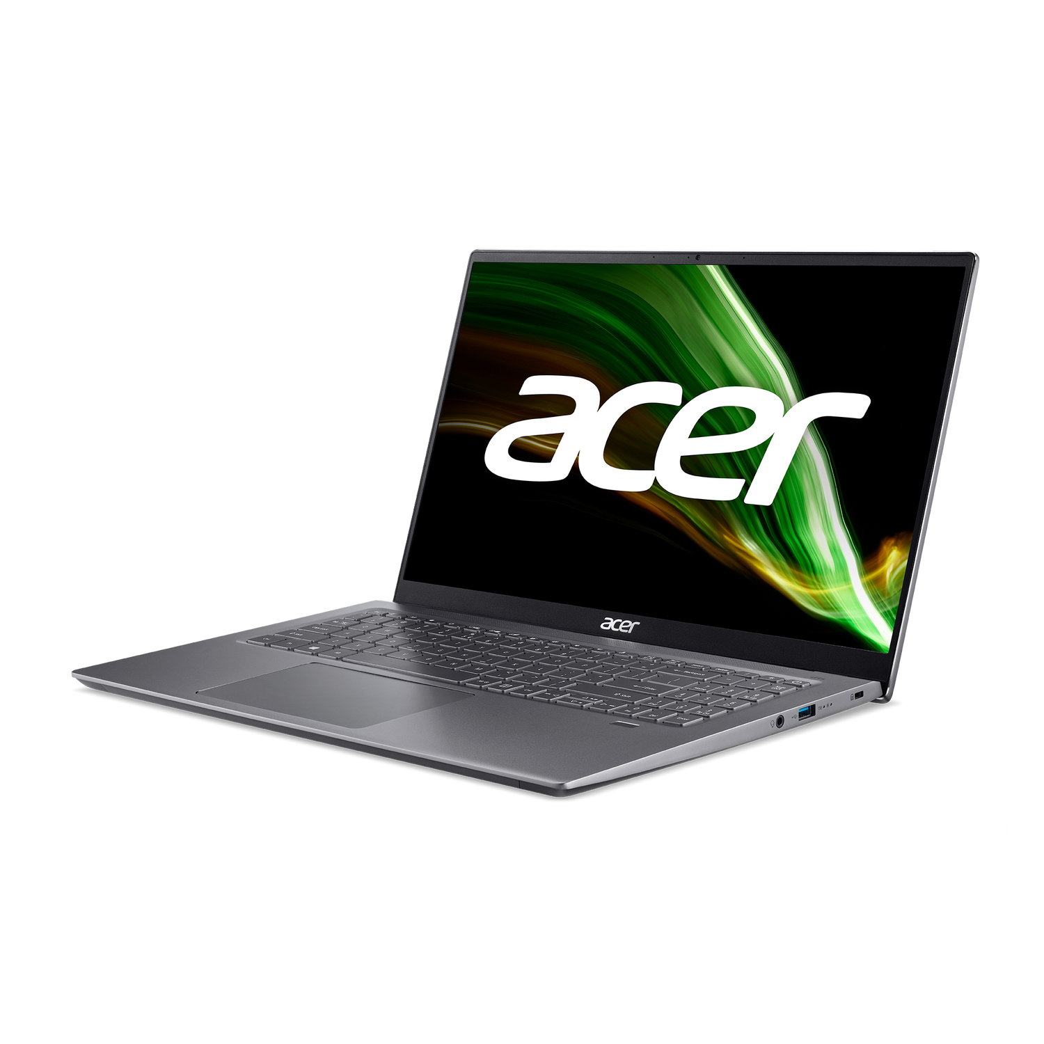 Un portátil plateado con la pantalla abierta. La pantalla muestra el logotipo de Acer.