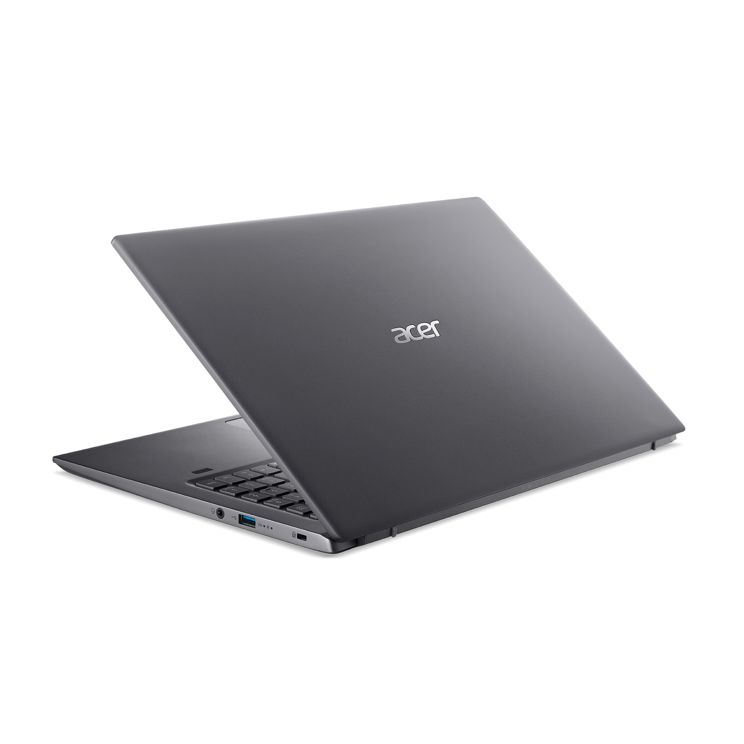 Un portátil Acer gris oscuro, abierto. El logotipo de Acer es visible. El fondo es un degradado oscuro.