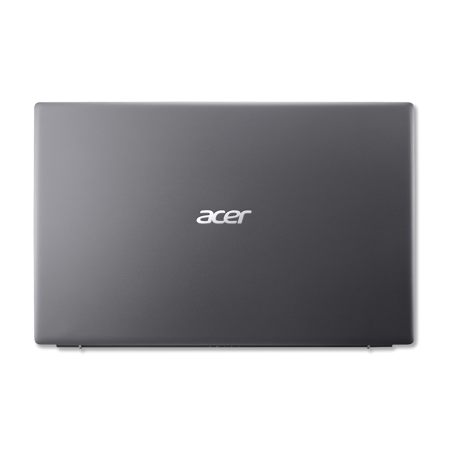 La parte superior de un portátil Acer gris con el nombre de la marca en plata, sobre un fondo negro.