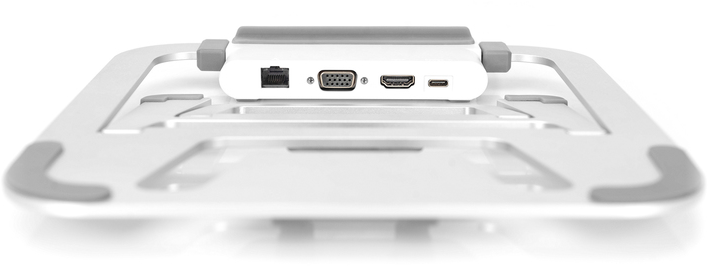 Nahaufnahme eines Geräts mit Anschlüssen: Ethernet, VGA, HDMI und USB-C. Weiß und Silber.