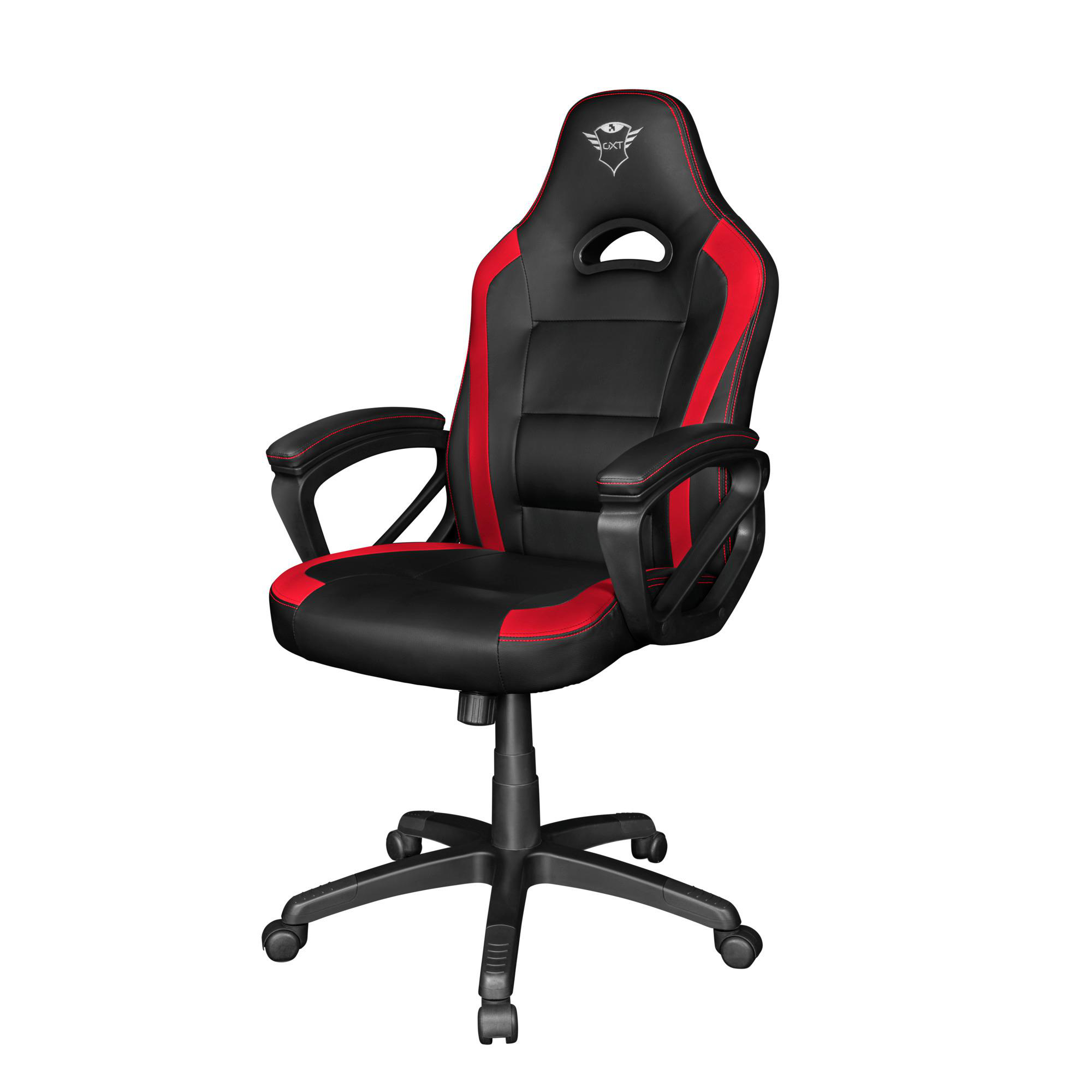 Ein schwarz-roter Gaming-Stuhl mit Kopfstütze und Armlehnen auf weißem Hintergrund.