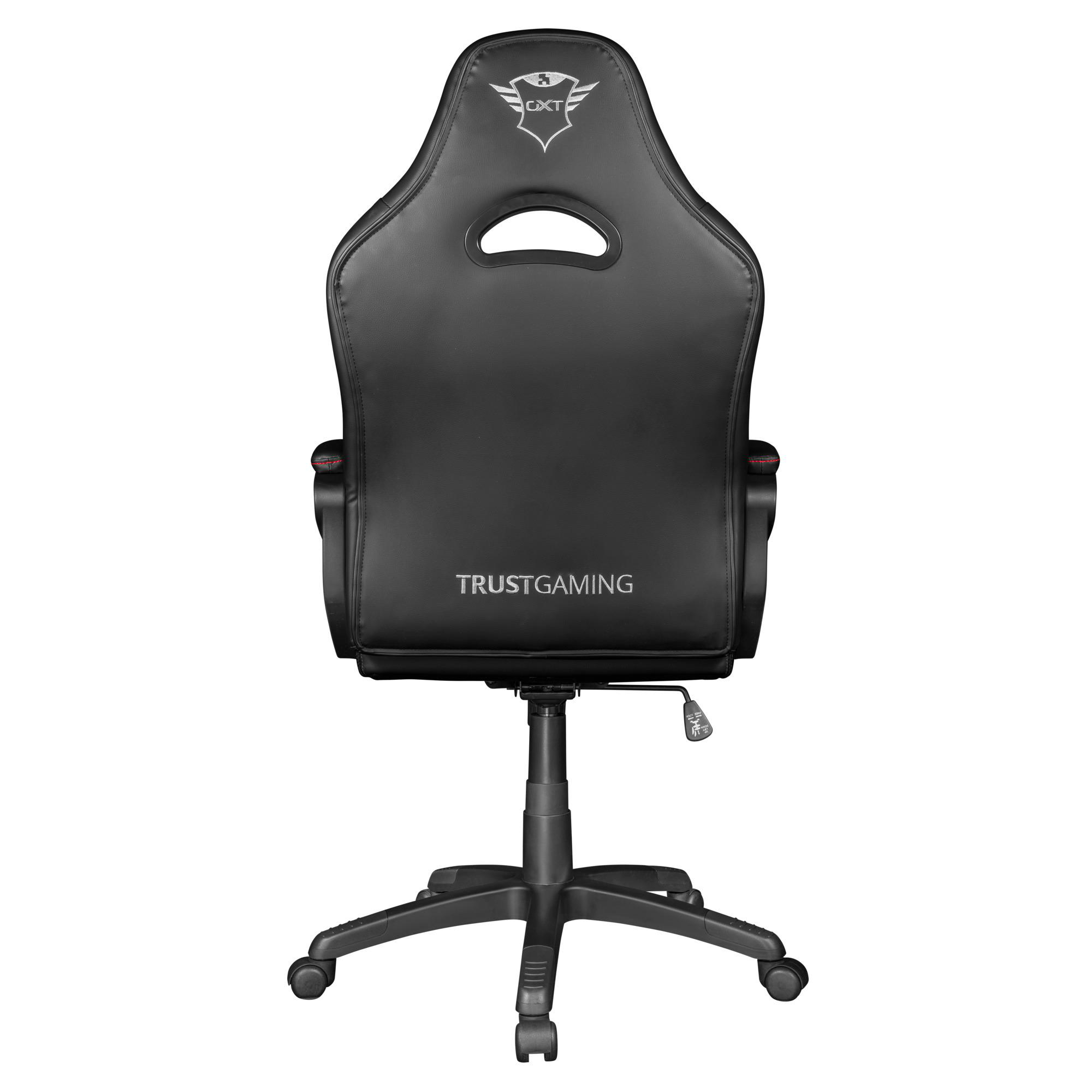 Ein schwarzer Gaming-Stuhl mit Logo auf der Kopfstütze und dem Namen 'TRUSTGAMING'.