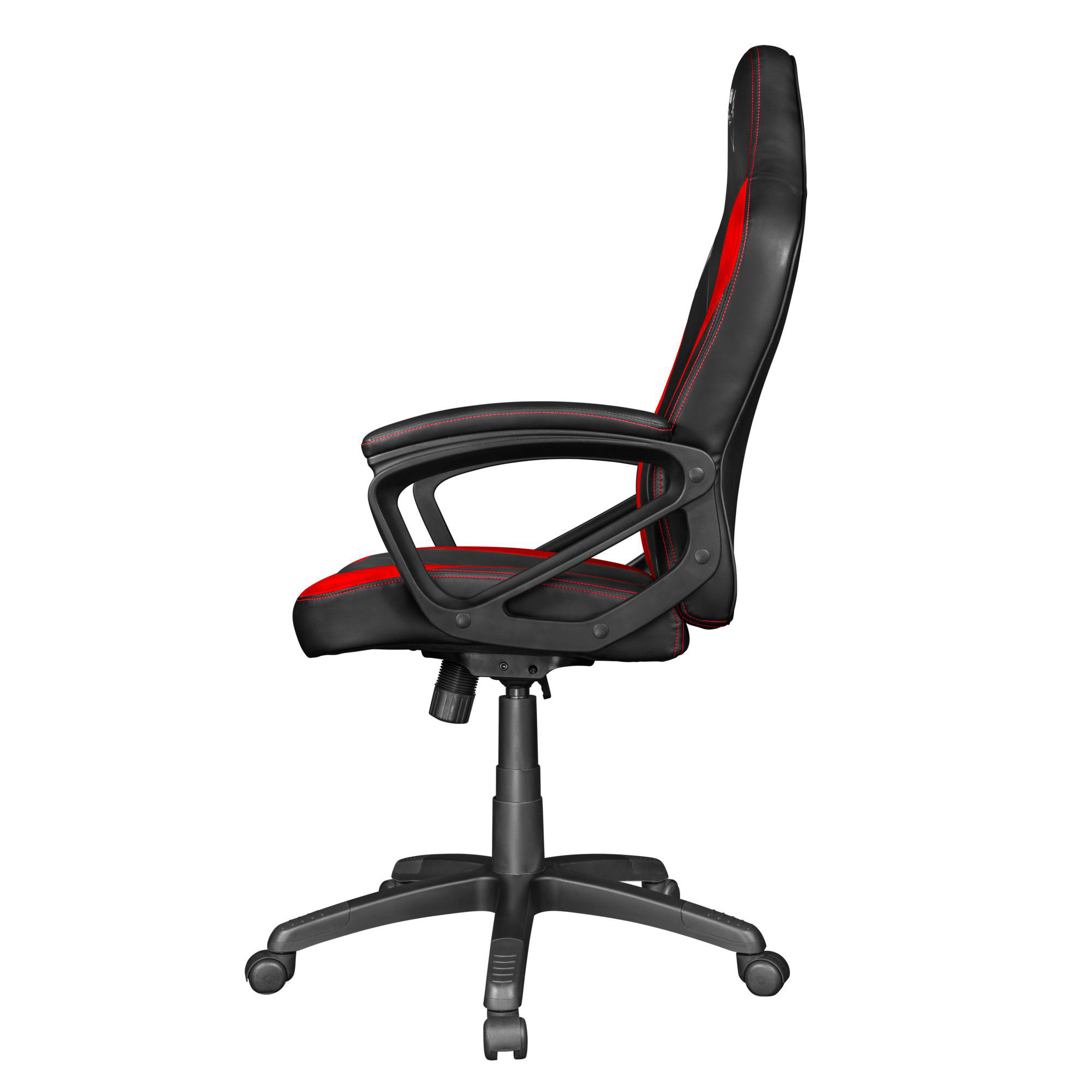 Schwarzer und roter Gaming-Stuhl, Seitenansicht. Rote Nähte, schwarzes Gestell.