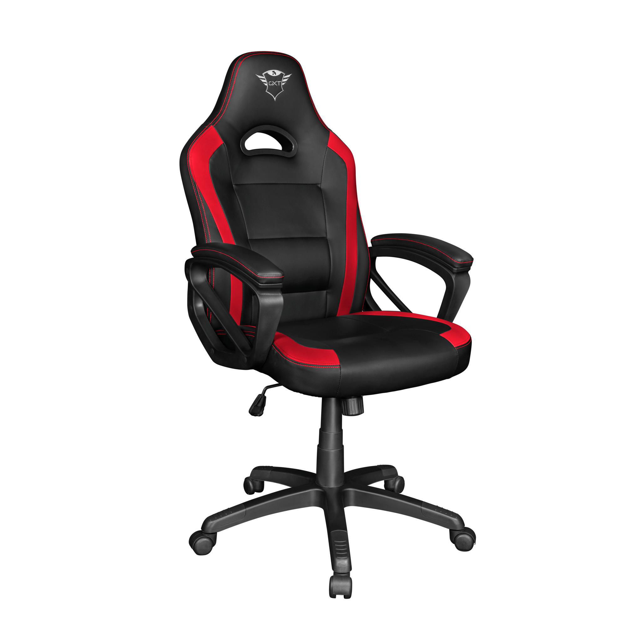 Gaming-Stuhl, schwarz mit roten Akzenten, ergonomisches Design. Schwarze Basis mit Rädern.