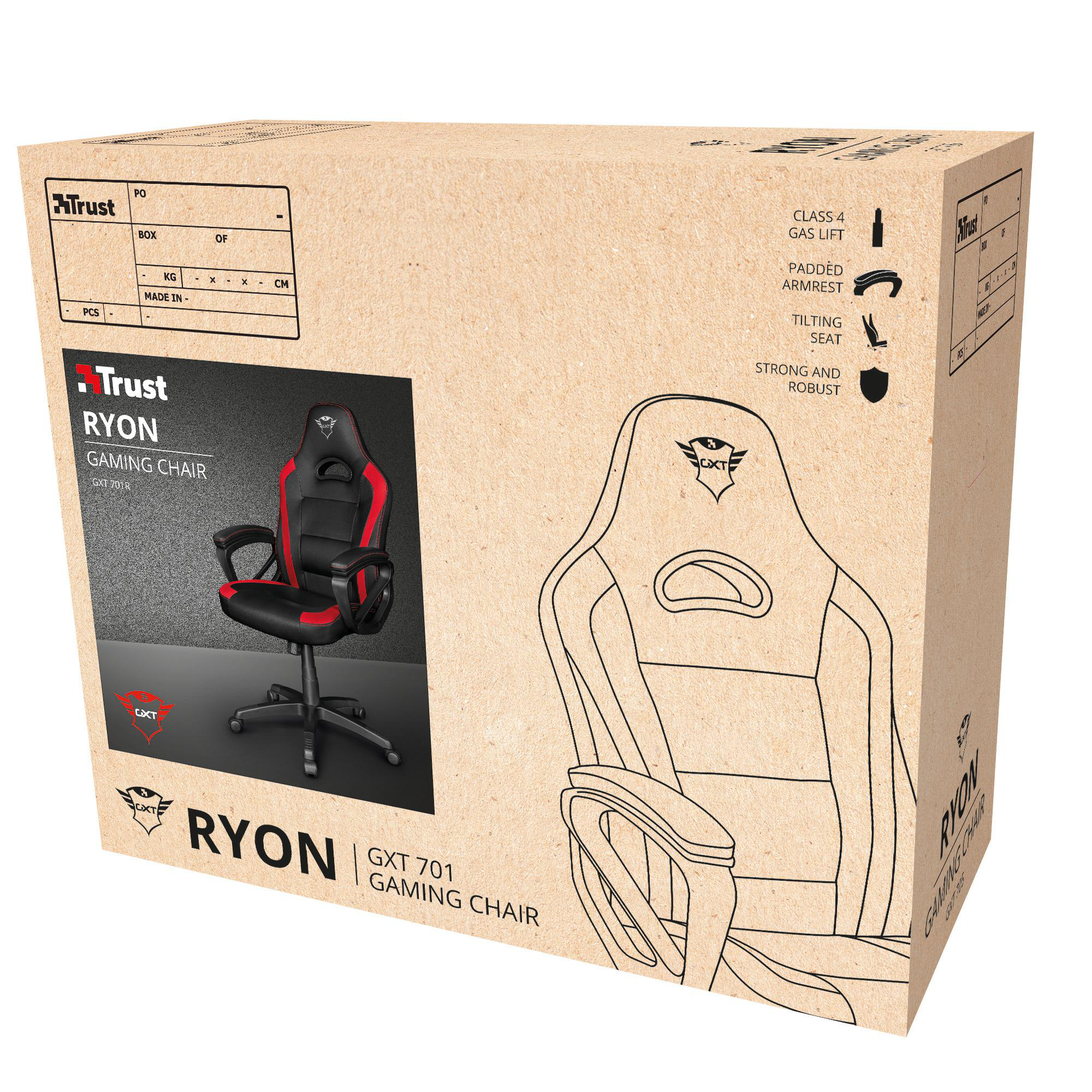 Karton mit Gaming-Stuhl. Der Stuhl ist schwarz und rot.